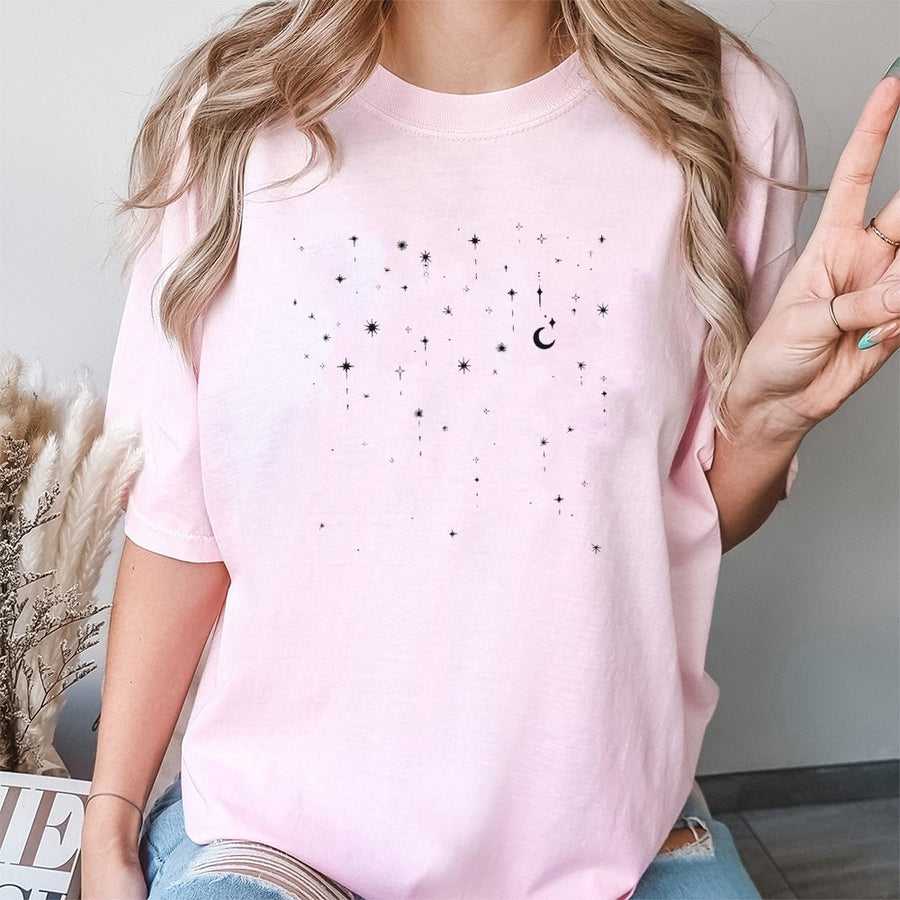 Celestial Moon and Stars T-Shirt | Minimalist Night Sky Graphic | Premium 100% Cotton | Aesthetic Astrology Gift for Space Lovers