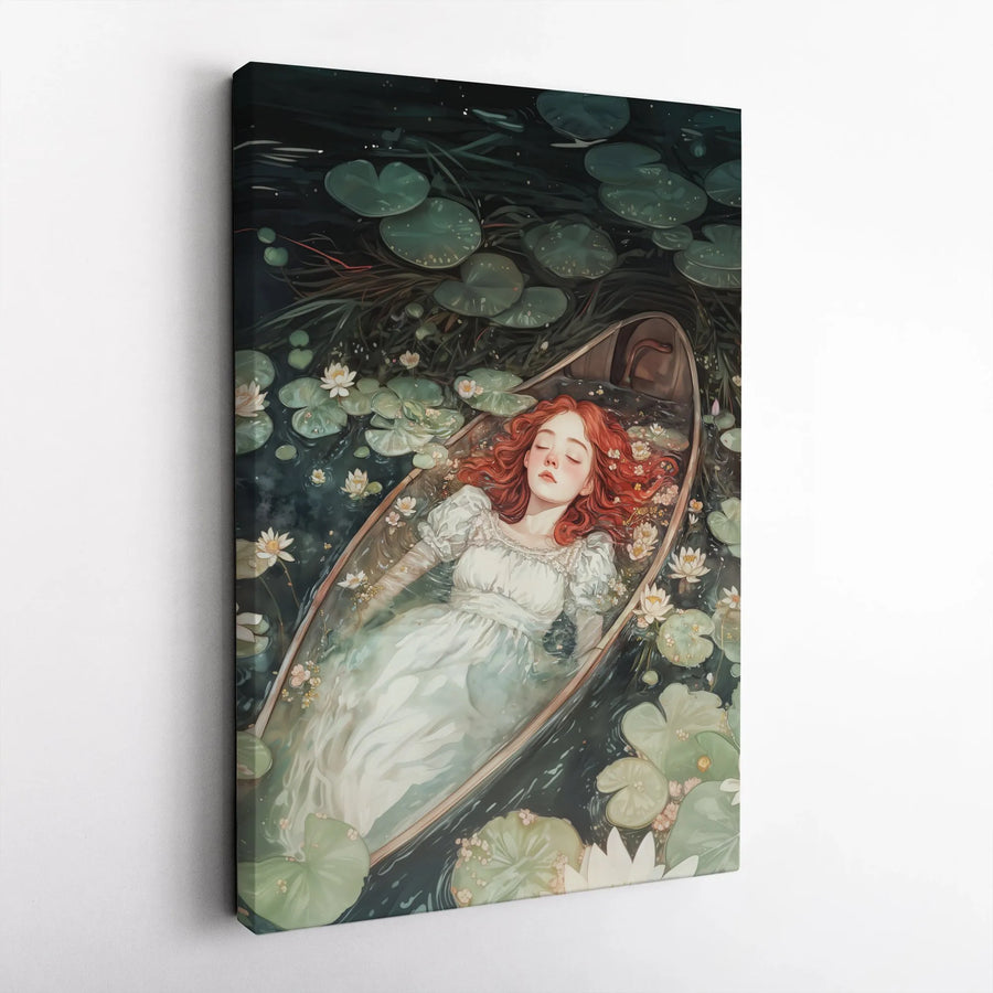 Ophelia Inspired Canvas Wall Art | Red Haired Woman in Boat with Water Lilies | Premium 1.25" Gallery Wrap | Ethereal Botanical Home Decor Gift