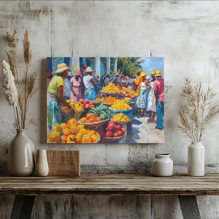 Caribbean Fruit Market Canvas Print | Vibrant Impressionist Tropical Scene | 1.25" Gallery Wrap Premium Art | Authentic Home Decor Gift