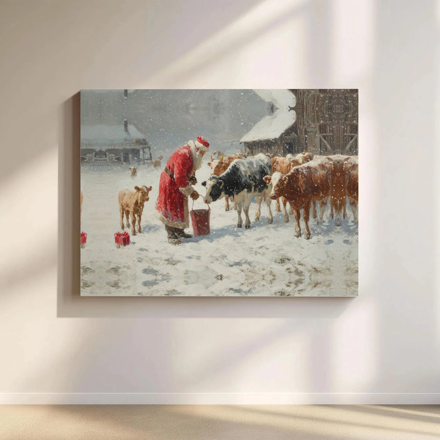 Santa Feeding Cows Canvas | Snowy Farm Christmas Wall Art | Premium Gallery Wrap Print | Festive Rustic Holiday Home Decor Gift