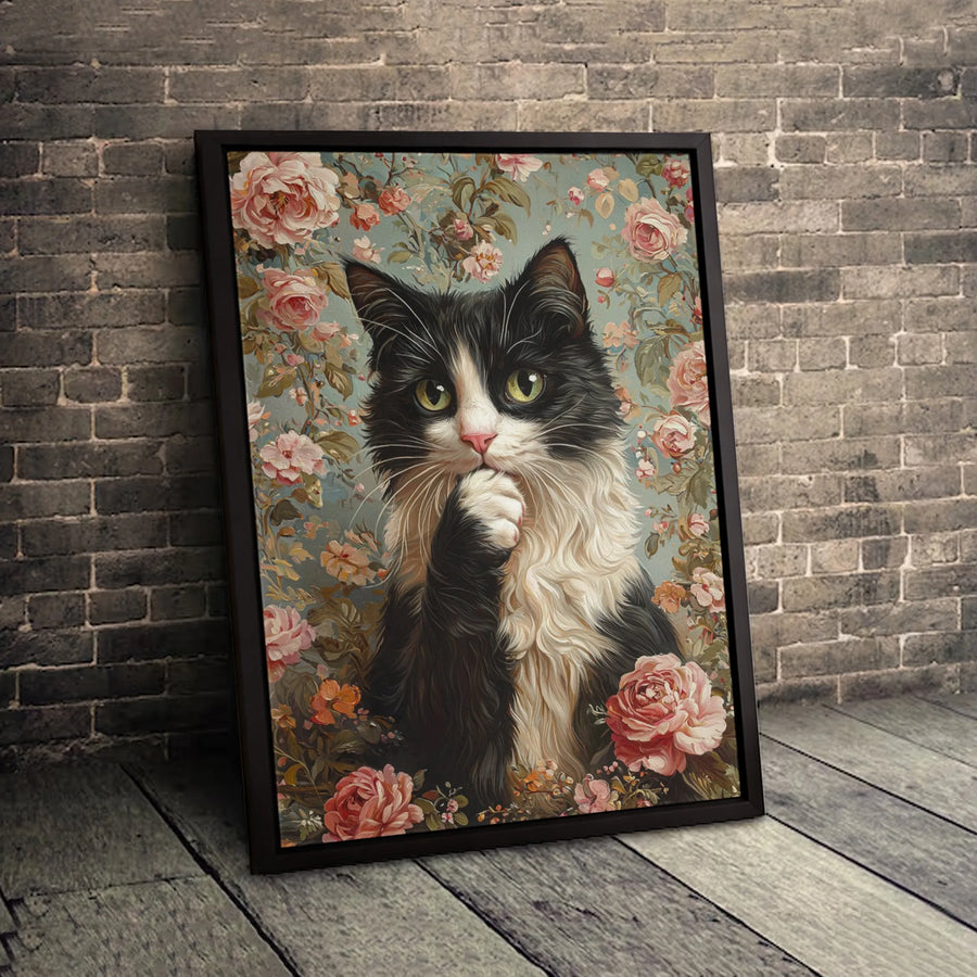 Tuxedo Cat Wall Art | Floral Vintage Pink Rose Painting | Premium Gallery-Wrapped Canvas | Whimsical Pet Lover Home Decor Gift