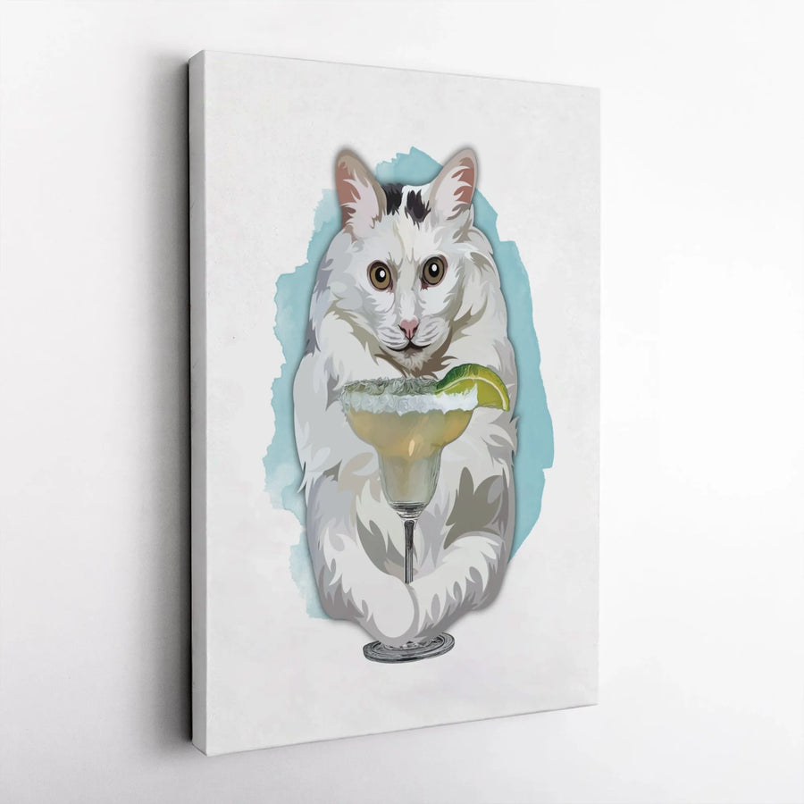 Funny Cat Canvas Wall Art | White Fluffy Kitten Sipping Margarita | Premium Gallery Wrap Print | Whimsical Kitchen & Bar Decor Gift