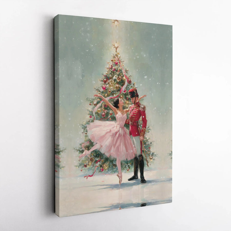 Nutcracker Ballet Canvas Art | Ballerina and Soldier Christmas Tree Wall Decor | Premium Gallery Wrap Print | Festive Holiday Gift for Dance Lovers