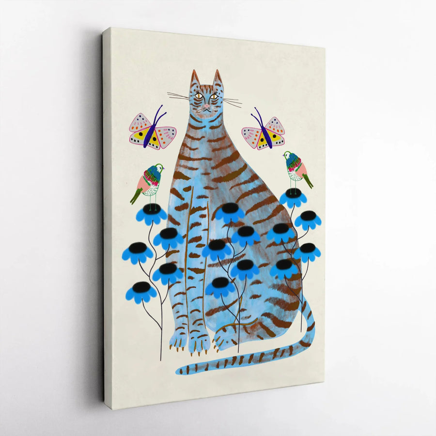 Blue Cat Wall Art | Whimsical Tiger Pattern with Flowers and Birds | Premium Gallery Canvas | Nature Lover Gift for Living Room Decor