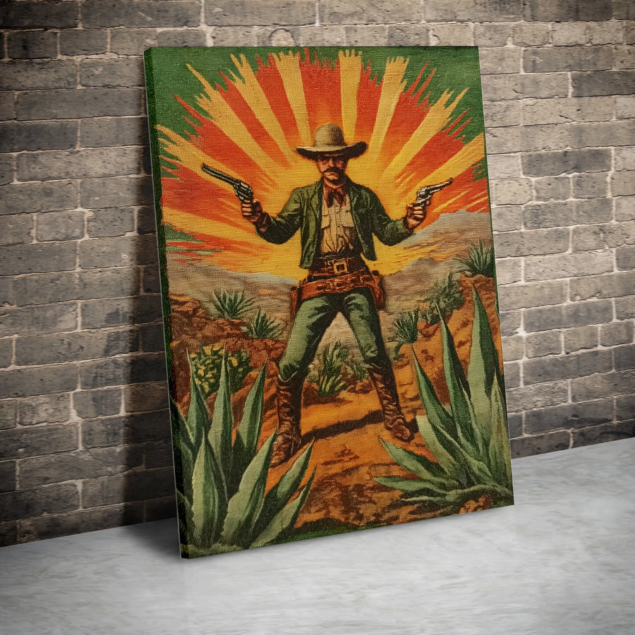 Western Cowboy Wall Art | Gunslinger With Dual Revolvers | Premium Gallery Canvas | Rustic Home Decor Gift