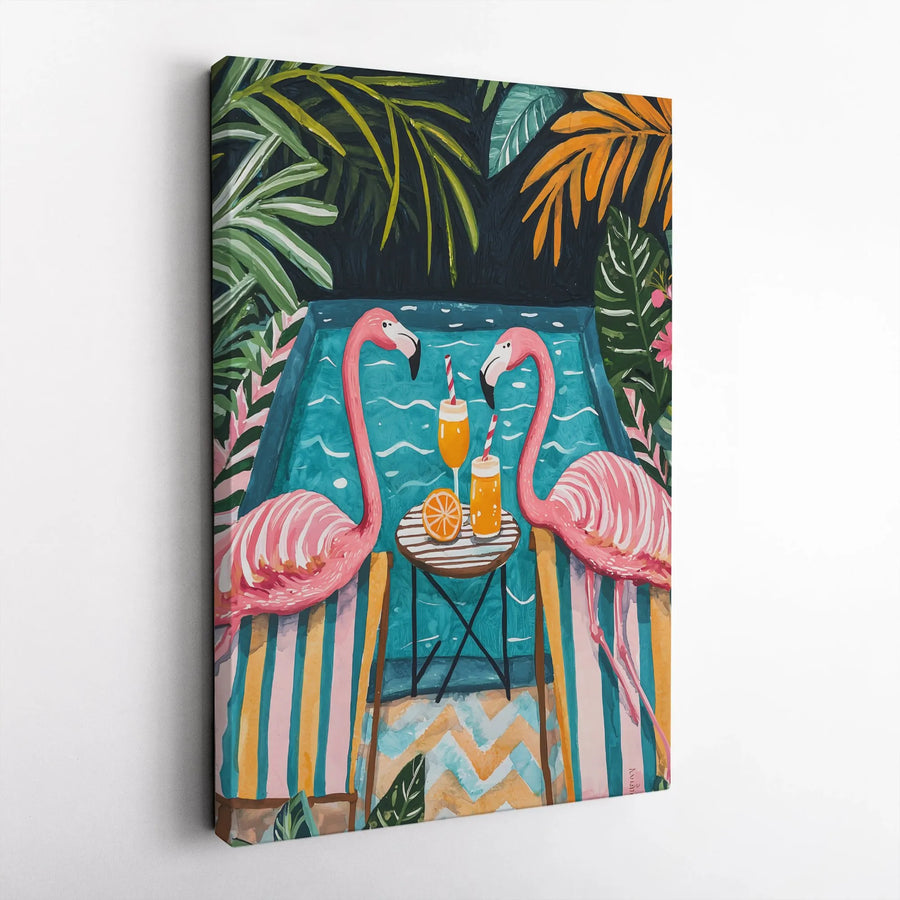 Pink Flamingo Wall Art | Tropical Poolside Cocktail Canvas | 1.25 Inch Gallery Wrap | Vibrant Summer Home Decor For Living Room