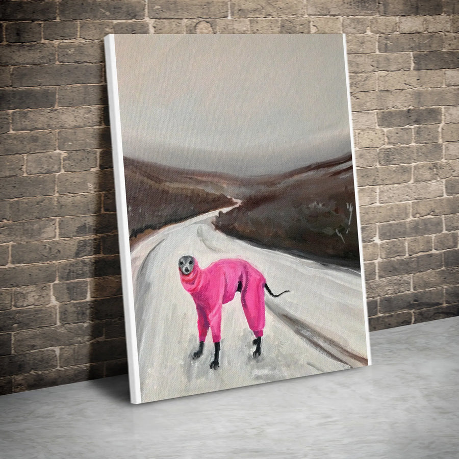 Funny Greyhound Canvas Print | Dog in Pink Snowsuit Art | Premium Gallery Wrapped Canvas | Humorous Wall Decor Gift for Dog Lovers