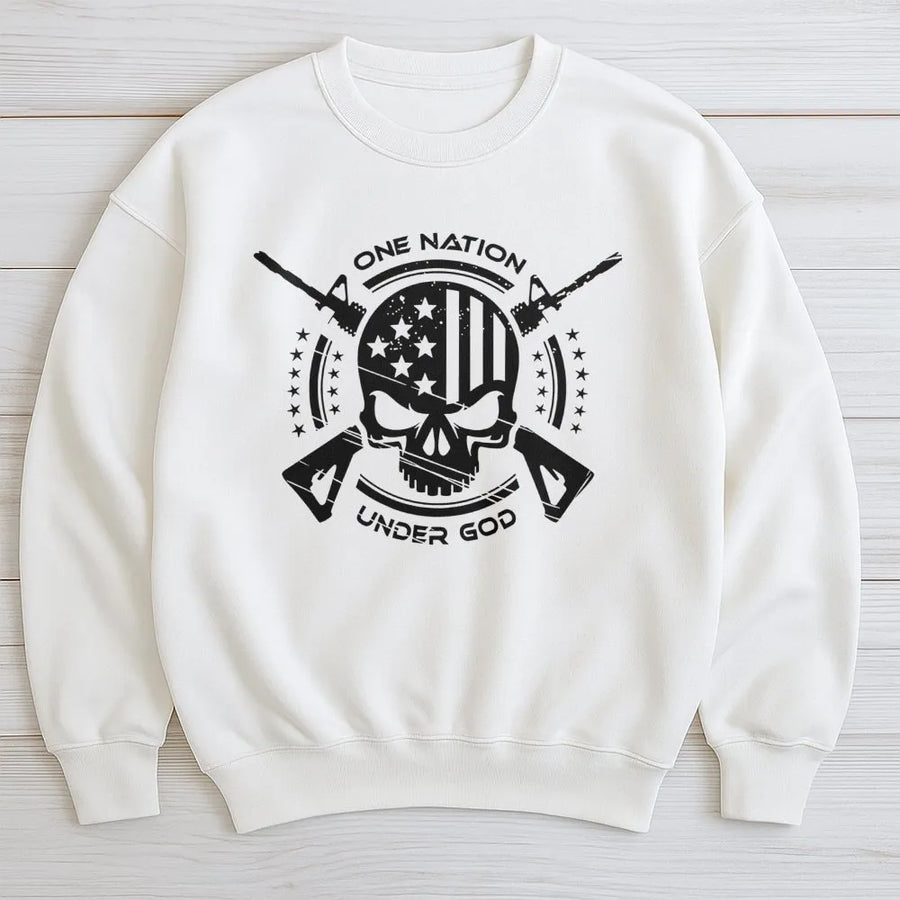 One Nation Under God Sweatshirt | Patriotic Skull American Flag Graphic | Premium Cotton Blend | Gift For Veterans & Patriots