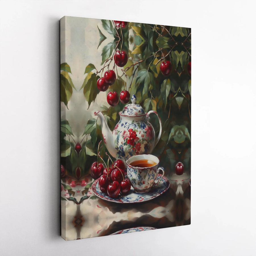 Vintage Cherry Tea Still Life Canvas Wall Art | Chinoiserie Teapot & Fresh Cherries Print | Premium Gallery Wrapped Canvas | Kitchen & Dining Room Decor Gift