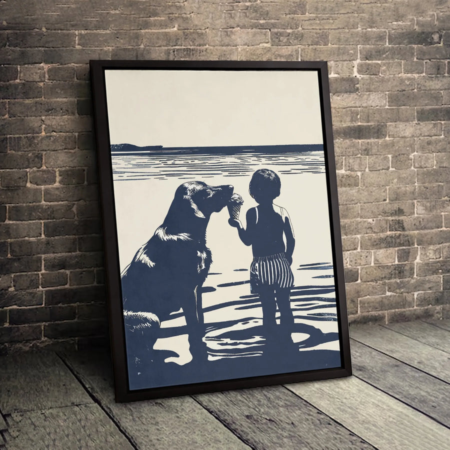 Boy and Dog Beach Wall Art | Block Print Style Seaside Scene | 1.25 Inch Premium Gallery Canvas | Nostalgic Summer Home Decor Gift