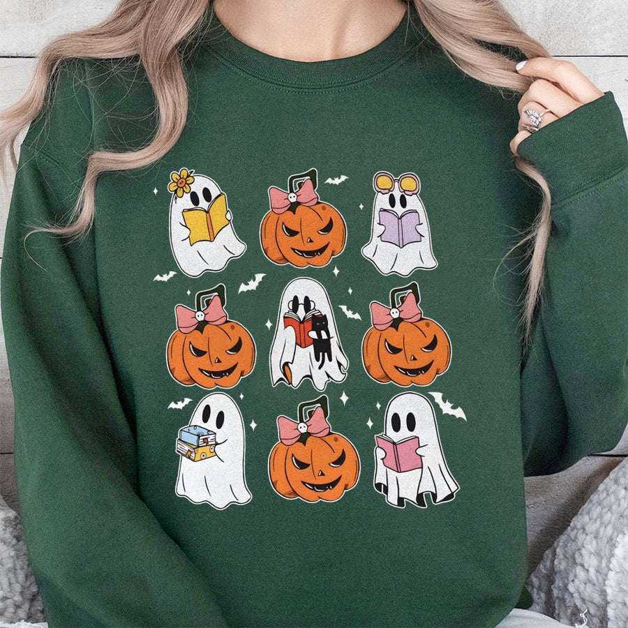 Cute Ghost Reading Book Sweatshirt | Spooky Pumpkin Halloween Aesthetic | Soft Cotton Blend Unisex Pullover | Fall Season Gift For Readers