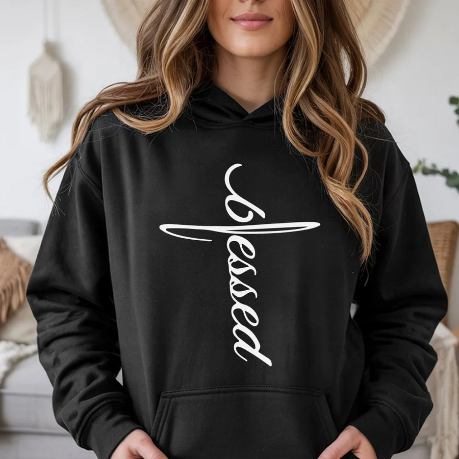 Blessed Cross Hoodie | Christian Faith Graphic Pullover | Soft Cotton-Poly Blend | Religious Gift for Men and Women