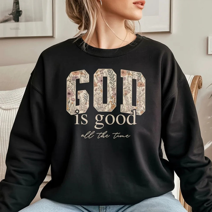 God is Good Christian Sweatshirt | Vintage Floral Text Design | Premium Cotton Blend | Inspirational Religious Gift for Women