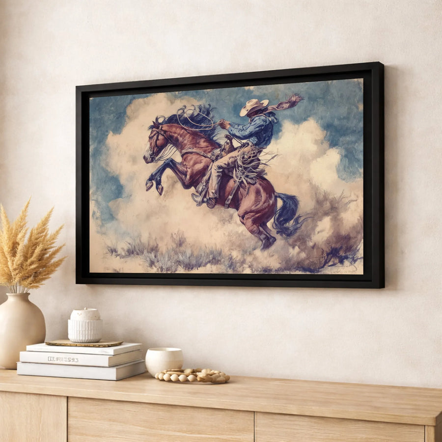 Western Cowboy Wall Art | Bucking Bronco Canvas Print | Premium Fade-Resistant Gallery Wrap | Rustic Home Decor for Living Room Gift