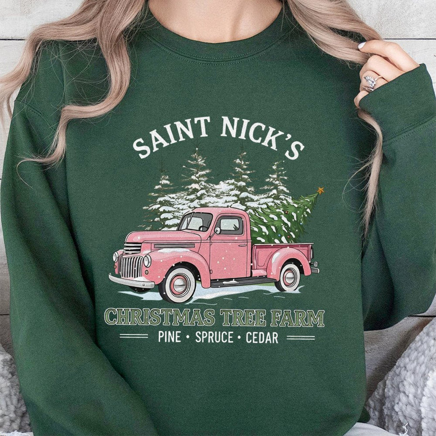 Saint Nick's Christmas Tree Farm Sweatshirt | Vintage Pink Truck Graphic | Premium Cotton Blend | Cozy Holiday Gift for Women and Men