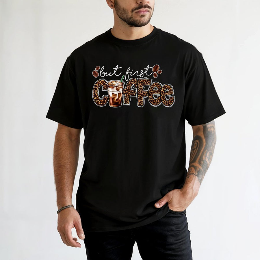 But First Coffee T-Shirt | Leopard Print Iced Coffee Graphic Tee | 100% Cotton Premium Unisex Shirt | Cute Caffeine Lover Gift For Her