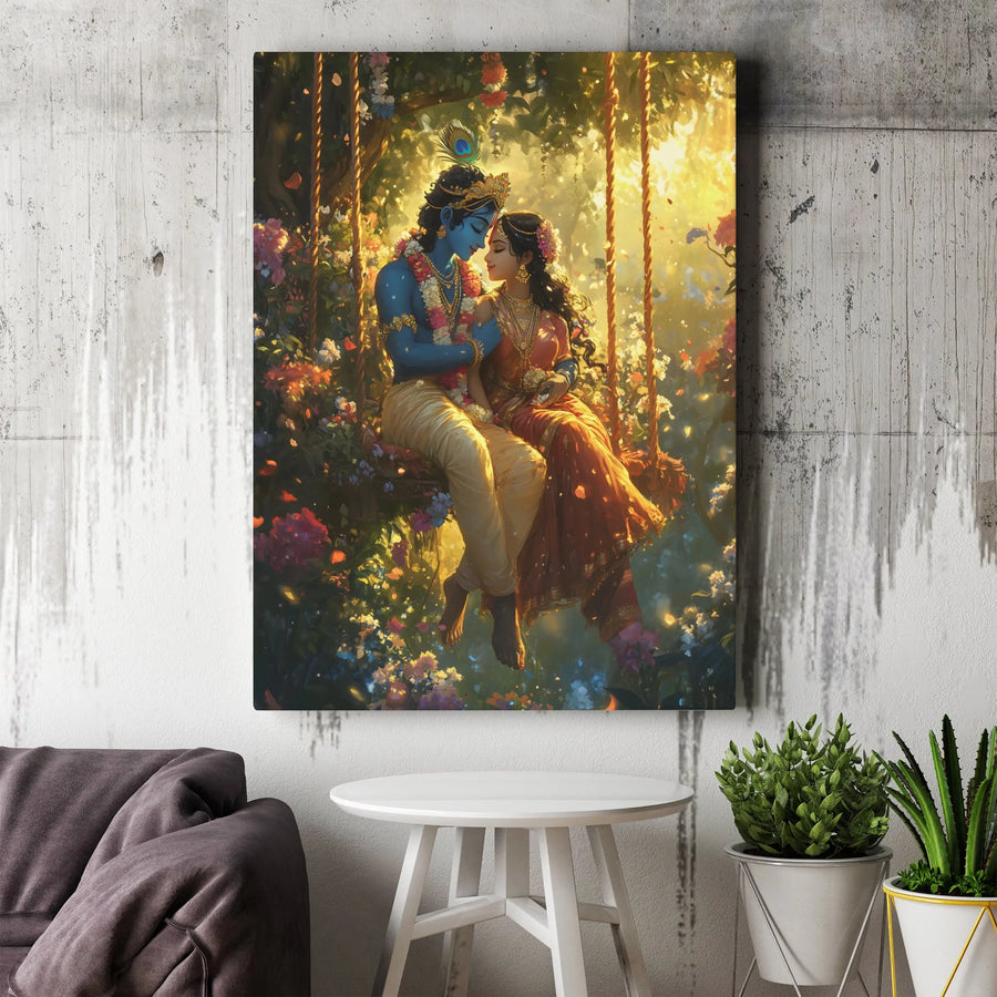 Radha Krishna Canvas Art | Divine Eternal Love Swing Painting | Premium Gallery Wrap Wall Decor | Spiritual Home Decor Gift
