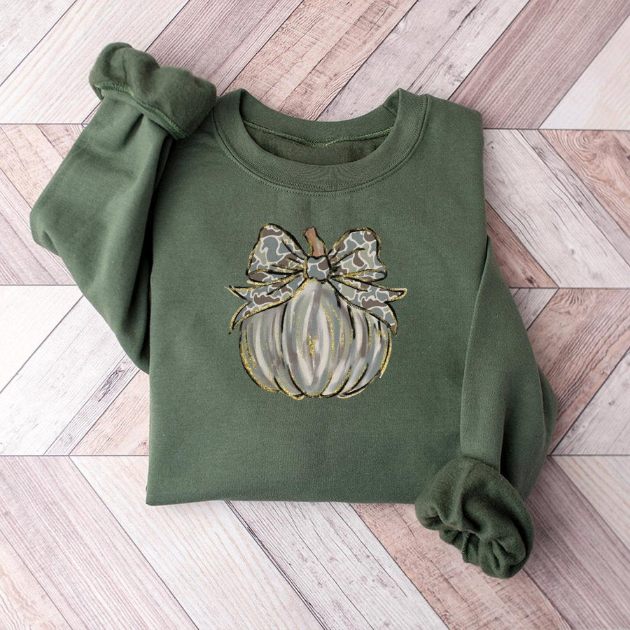 Camo Pumpkin Bow Sweatshirt | Western Fall Vibes Graphic Tee | Premium Cotton Blend Fall Apparel | Trendy Coquette Autumn Gift for Her