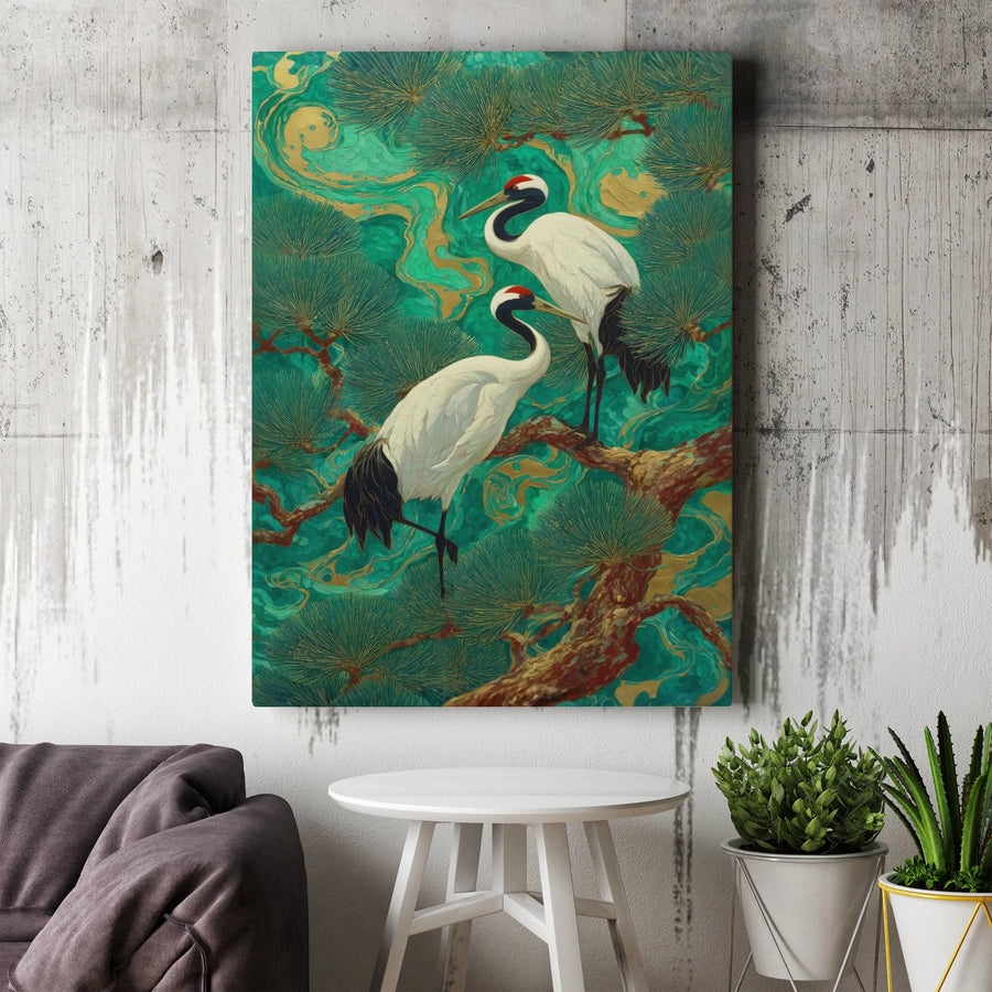 Japanese Crane Vertical Canvas | Ukiyo-e Style Bird & Pine Tree Art | Premium Gallery Wrapped Print | Asian Inspired Home Decor Collector's Gift