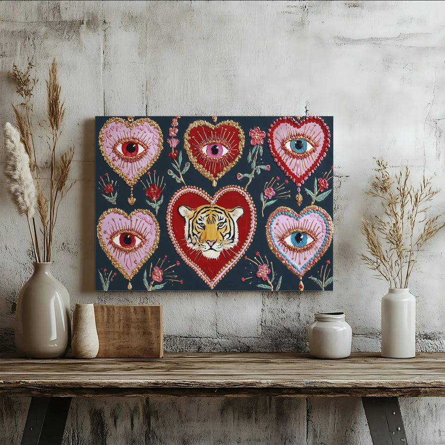 Tiger and Evil Eye Wall Art | Boho Heart Floral Gallery Print | Premium Thick Gallery Wrap Canvas | Spiritual Home Decor Gift for Her