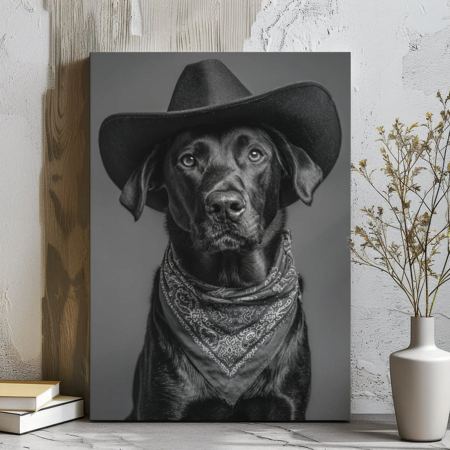 Black Labrador Cowboy Canvas Wall Art | Western Dog Portrait with Hat and Bandana | Premium Gallery Wrap Print | Unique Gift for Dog Lovers