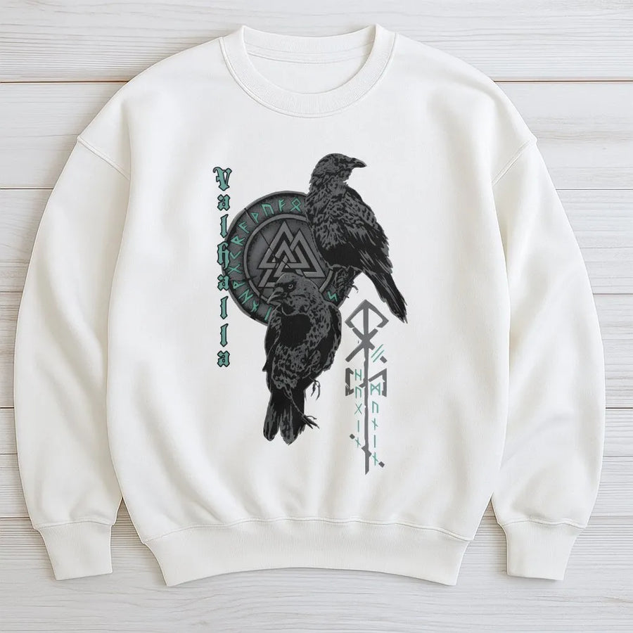 Viking Crow Sweatshirt | Valhalla Runes Norse Design | Premium Unisex Pullover | Mythological Gift for Pagan and History Lovers