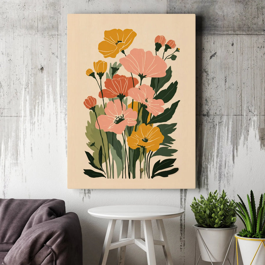 Botanical Floral Canvas Wall Art | Mid Century Modern Pink and Yellow Flower Print | Premium Gallery Wrap Decor | Aesthetic Gift for Home Office