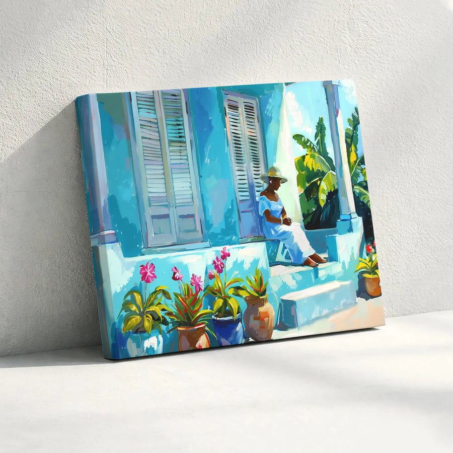 Caribbean Woman Canvas Print | Tropical Porch Scene Painting | Premium Fade-Resistant Art | Living Room Decor Gift