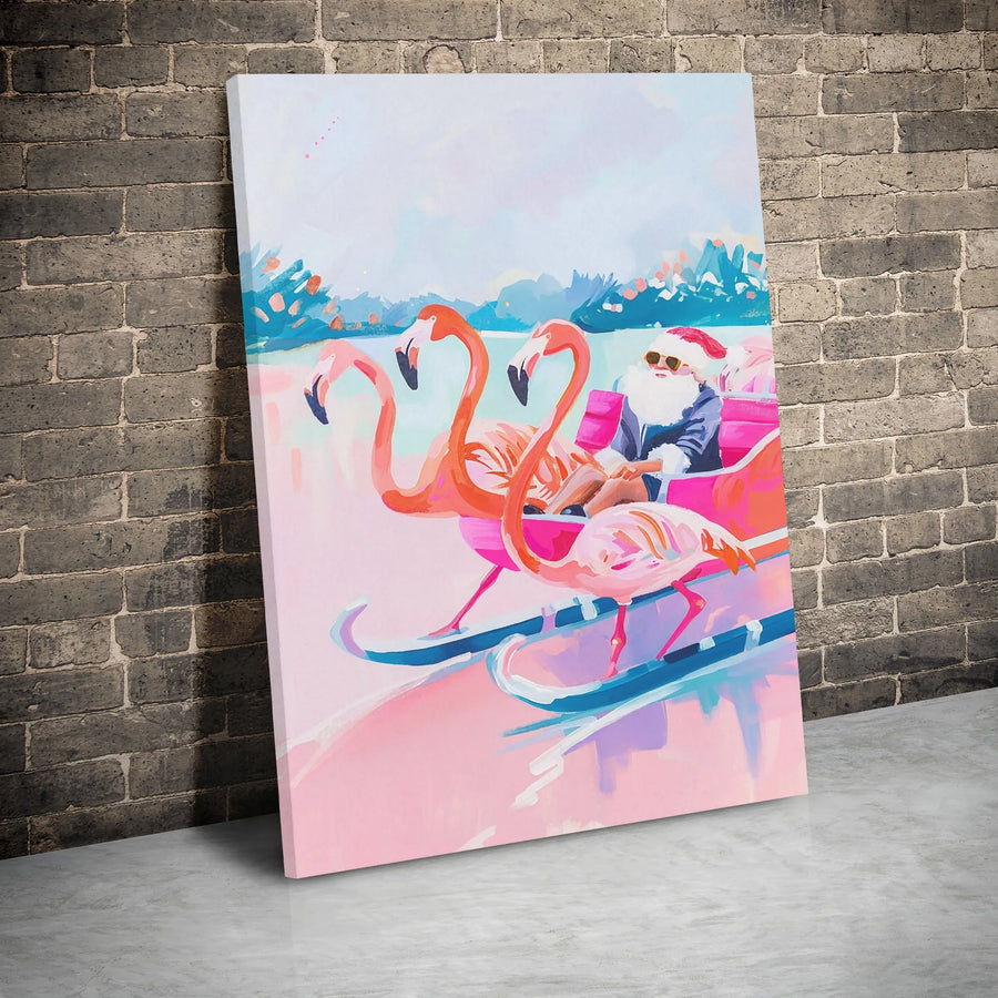 Tropical Santa Sleigh Canvas | Flamingo Christmas Wall Art | Premium Gallery Wrap Print | Festive Coastal Holiday Decor for Home Office