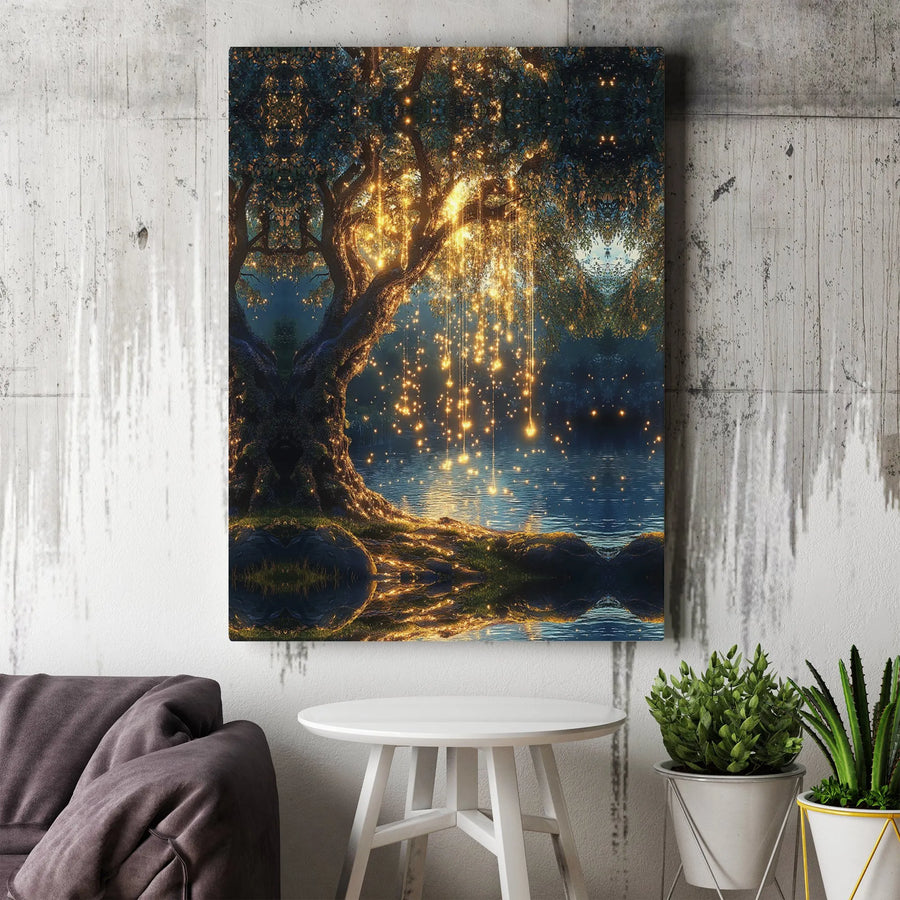 Enchanted Tree Canvas Art | Cascading Golden Fairy Lights Over Water | 1.25 Inch Gallery Wrap | Magical Forest Wall Decor for Living Room