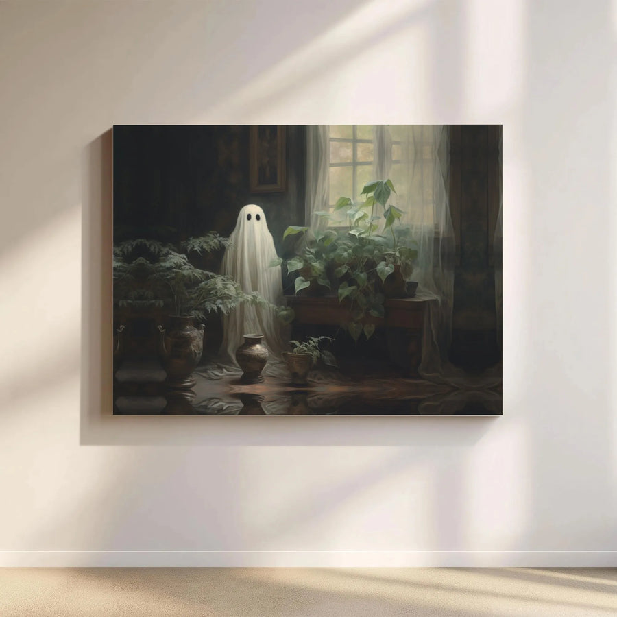 Ghost Among Houseplants Canvas Print | Vintage Moody Botanical Art | Gallery Quality Premium Wall Decor | Spooky Aesthetic Gift for Plant Lovers