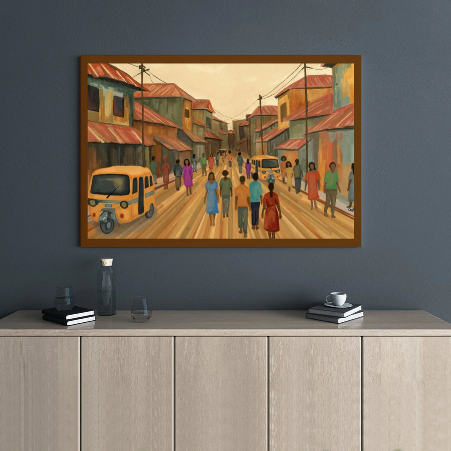 African Street Scene Canvas Art | Bustling Town Square Painting | Premium Gallery Wrapped Wall Decor | Cultural Home Decor Gift