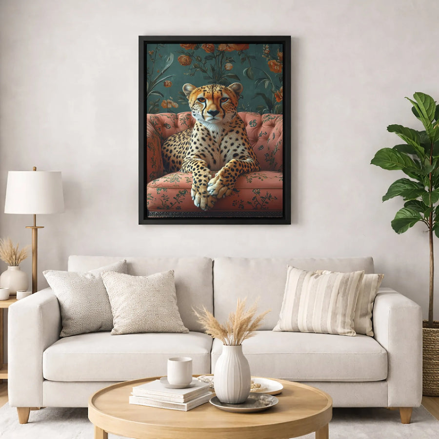 Cheetah Wall Art | Regal Animal Sitting on Vintage Floral Armchair | Premium Gallery-Wrapped Canvas | Eclectic Home Decor Gift