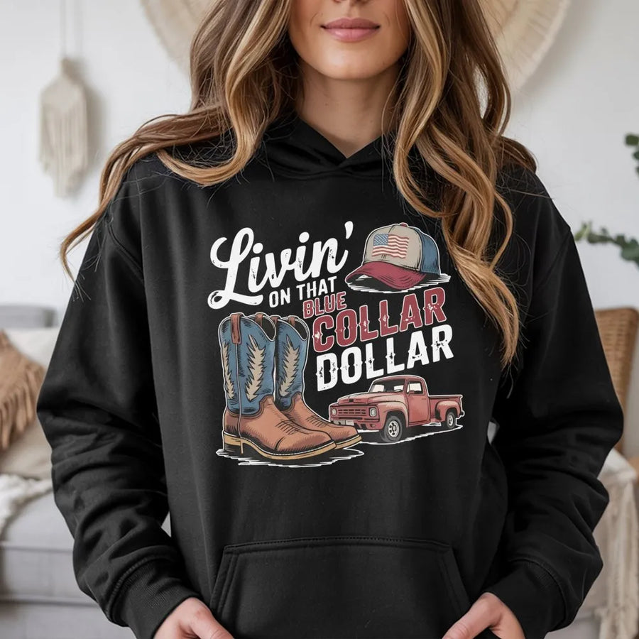 Blue Collar Dollar Hoodie | Western Cowboy Boots & Pickup Truck Graphic | Premium Cotton Blend | Patriotic American Gift for Hardworking Men