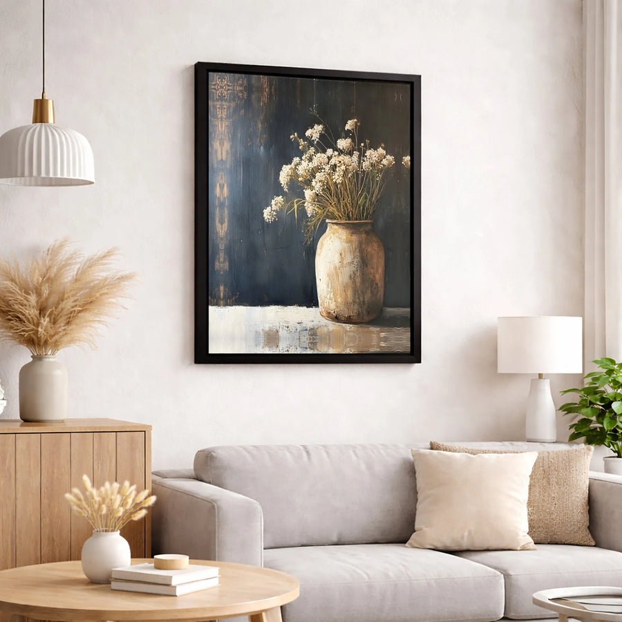 Rustic Vase Still Life Wall Art | Dried White Flowers Farmhouse Decor | Premium Fade-Resistant Canvas | Elegant Home Office Print