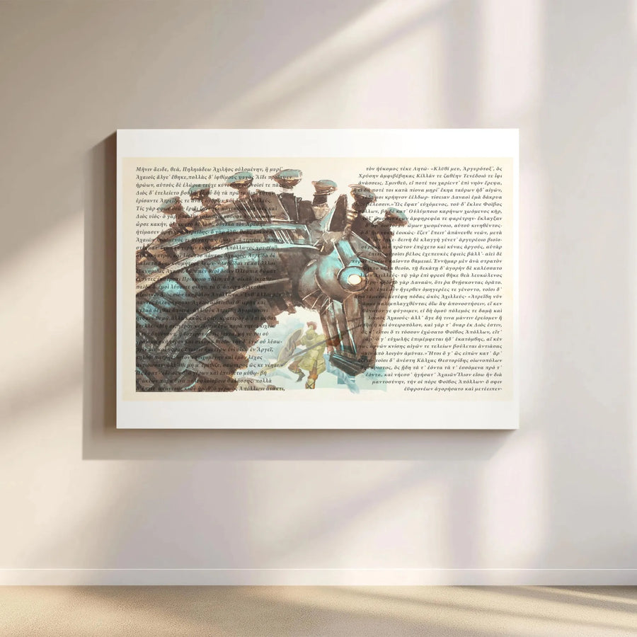 Greek Mythology Wall Art | Homer's Iliad Text with Sci-Fi Robot and Hoplite | Premium Gallery Wrap Canvas | Unique History Gift for Office Decor