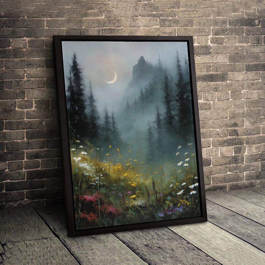 Misty Mountain Forest Canvas Wall Art | Whimsical Moonlit Wildflowers Landscape | Premium Fade-Resistant Print | Moody Nature Home Decor Gift