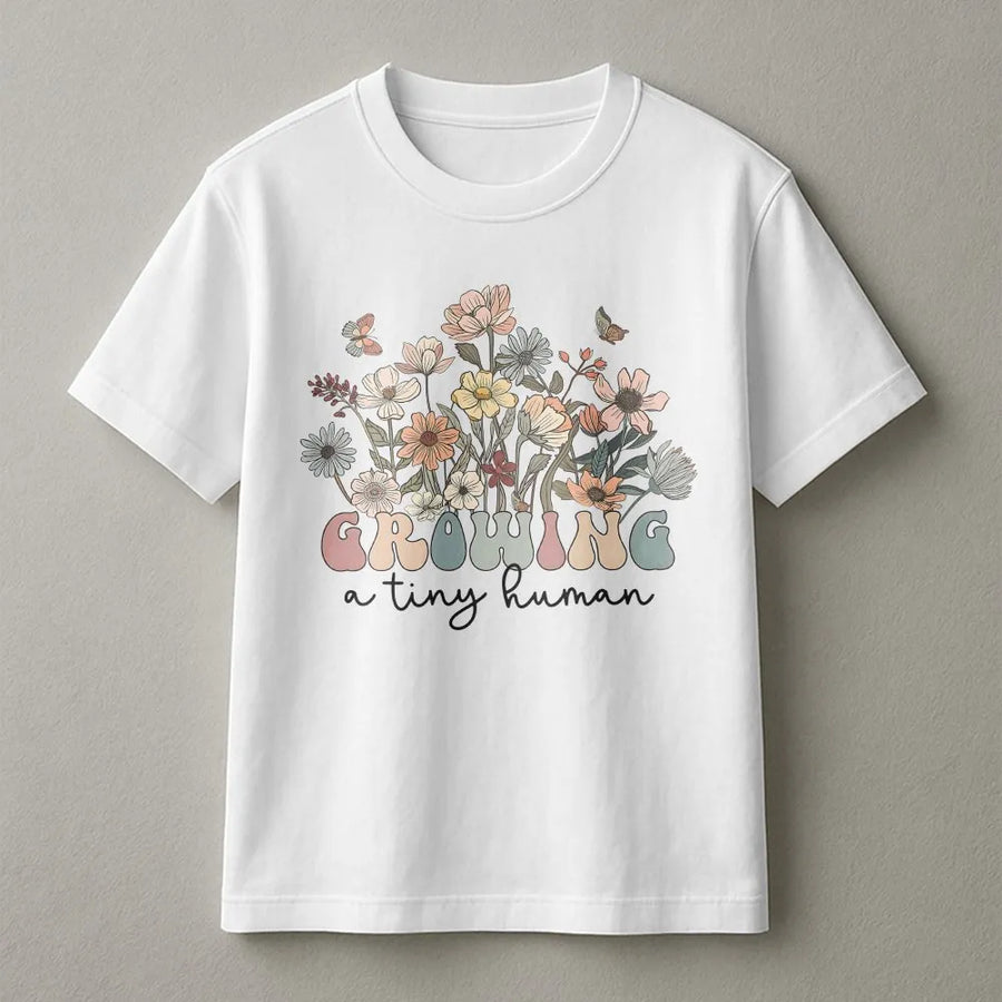 Growing A Tiny Human T-Shirt | Retro Wildflower Pregnancy Announcement | Cozy Cotton Blend | Premium Mom To Be Gift