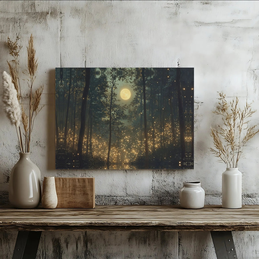 Enchanted Forest Wall Art | Moonlit Firefly Canvas Print | 1.25 Inch Gallery Wrap | Magical Nature Decor for Bedroom or Living Room