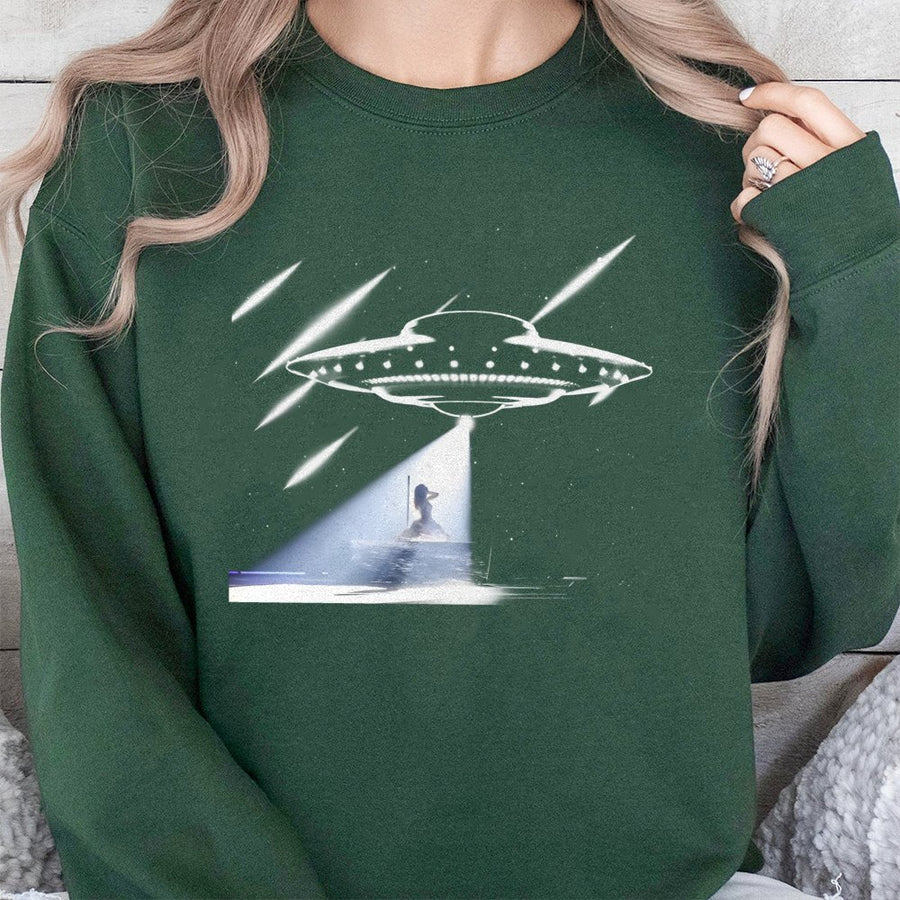 UFO Abduction Sweatshirt | Alien Space Graphic Print | Premium Cotton Blend Crewneck | Trendy Music Fan Gift for Women and Men