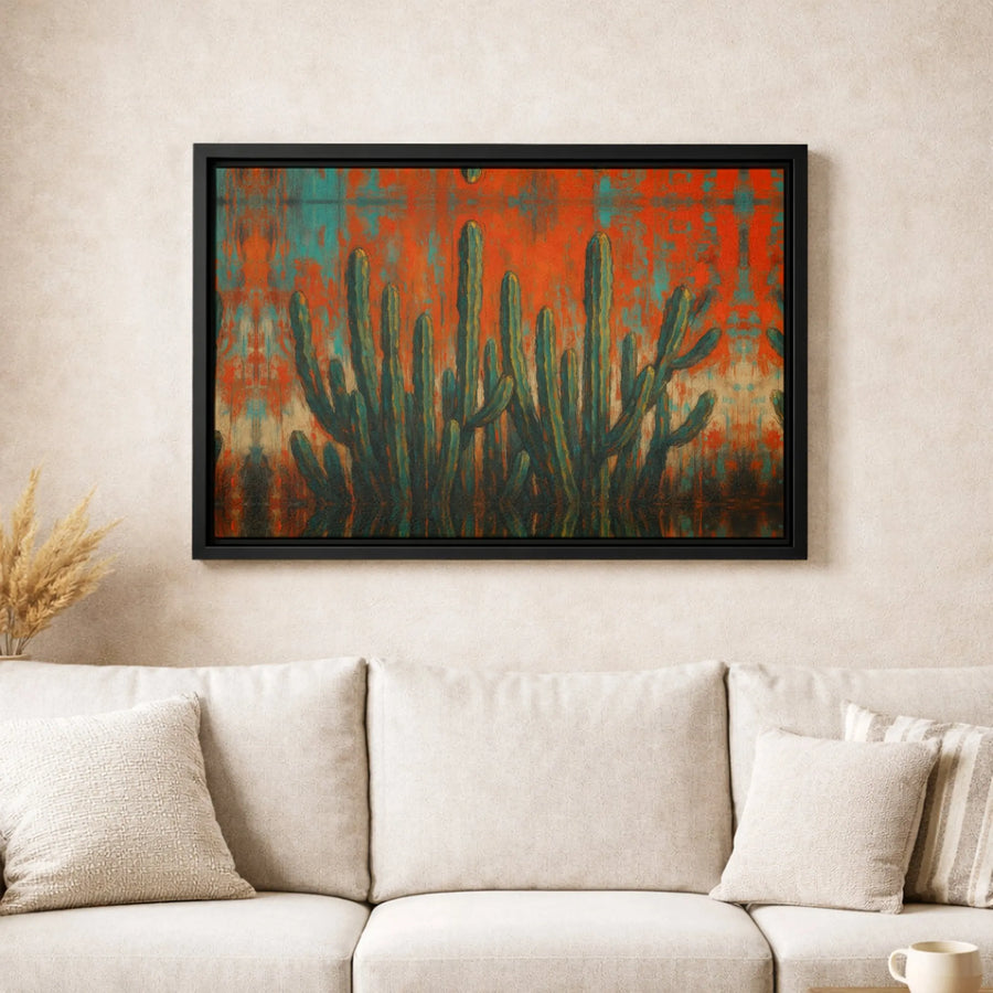 Abstract Cactus Canvas Wall Art | Teal and Rust Desert Landscape | Premium 1.25-Inch Gallery Wrap | Southwestern Home Decor Gift