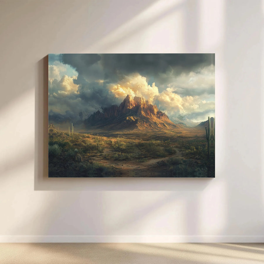 Desert Mountain Canvas Wall Art | Dramatic Stormy Landscape with Saguaro Cacti | Premium 1.25 Inch Gallery Wrap | Southwestern Home Decor Gift
