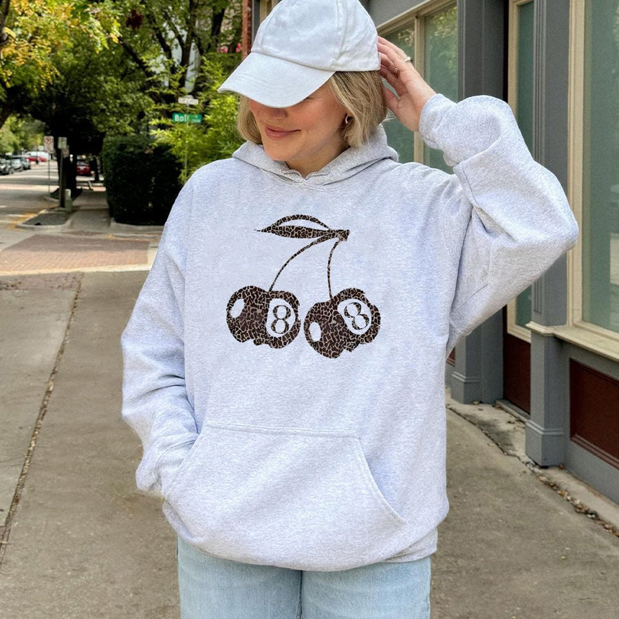 Leopard Print Cherry 8 Ball Hoodie | Retro Y2K Aesthetic Graphic | Premium Cotton Blend | Streetwear Gift for Her