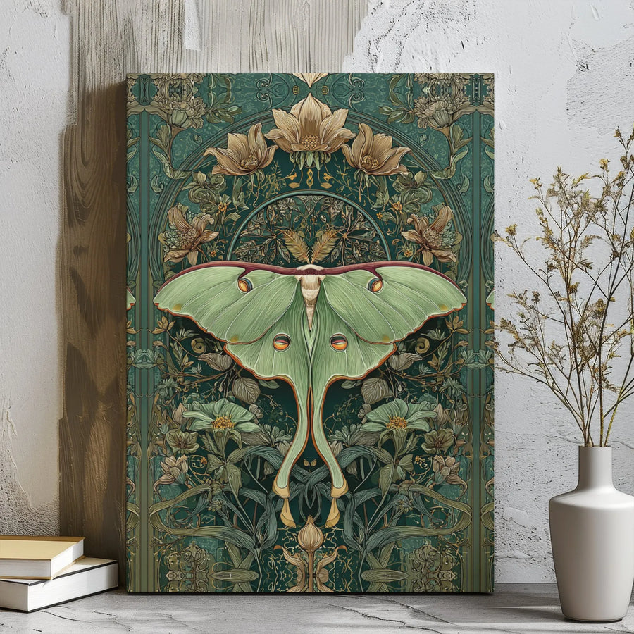 Art Nouveau Luna Moth Canvas Print | Intricate Botanical Forest Green Wall Art | Premium Gallery Wrapped Decor | Nature Lover Gift
