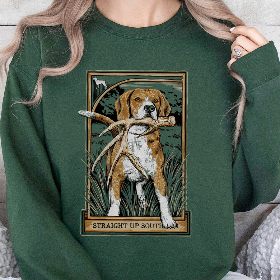 Beagle Shed Hunting Sweatshirt | Straight Up South Graphic Deer Antler Dog Art | Premium Cotton Blend | Nature Lover Gift for Him and Her