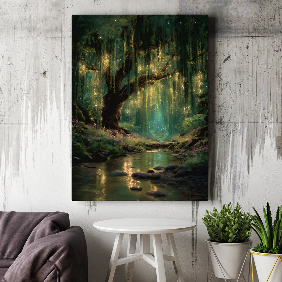 Enchanted Forest Canvas Wall Art | Glowing Weeping Willow Landscape Print | 1.25” Gallery Wrap Premium Decor | Nature Lover Living Room Gift