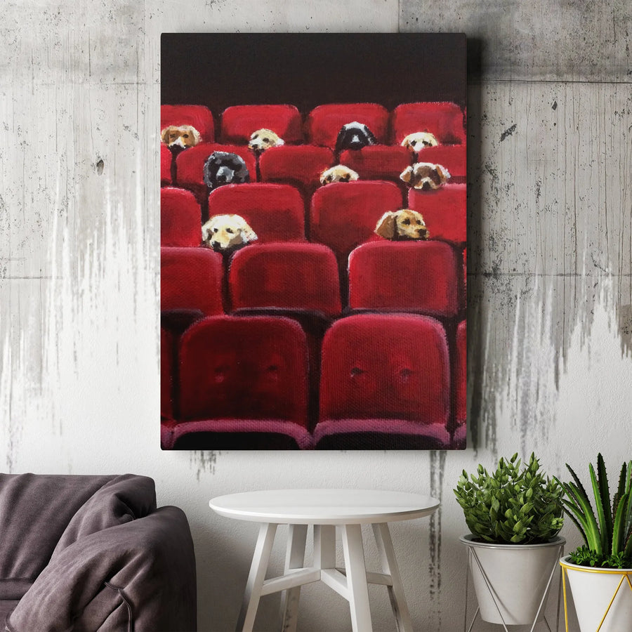 Funny Dogs in Movie Theater Canvas Wall Art | Surreal Cinema Scene Painting Print | Premium Thick Gallery Wrap Canvas | Unique Gift for Dog Lover & Film Buff