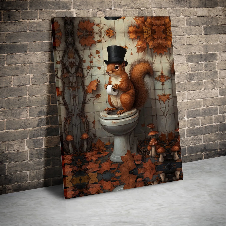 Funny Squirrel Wall Art | Whimsical Animal in Top Hat | Premium Gallery Wrapped Canvas | Funny Bathroom Decor Gift