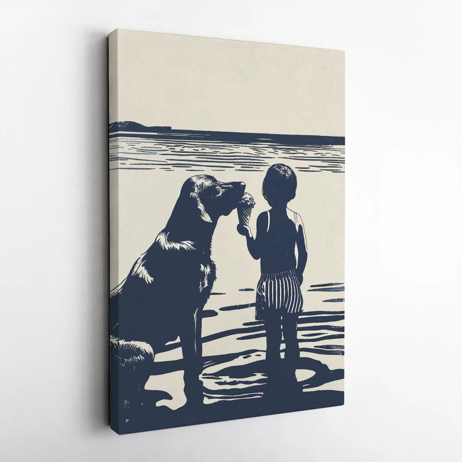 Boy and Dog Beach Silhouette Wall Art | Coastal Summer Childhood Memory | Premium Gallery-Wrapped Canvas | Heartwarming Gift for Dog Lovers