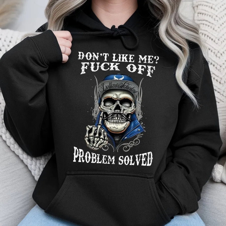 Skull Graphic Hoodie | Edgy Don't Like Me Fuck Off Quote Design | Premium Cotton Blend Streetwear | Sarcastic Gift For Rebels And Bikers
